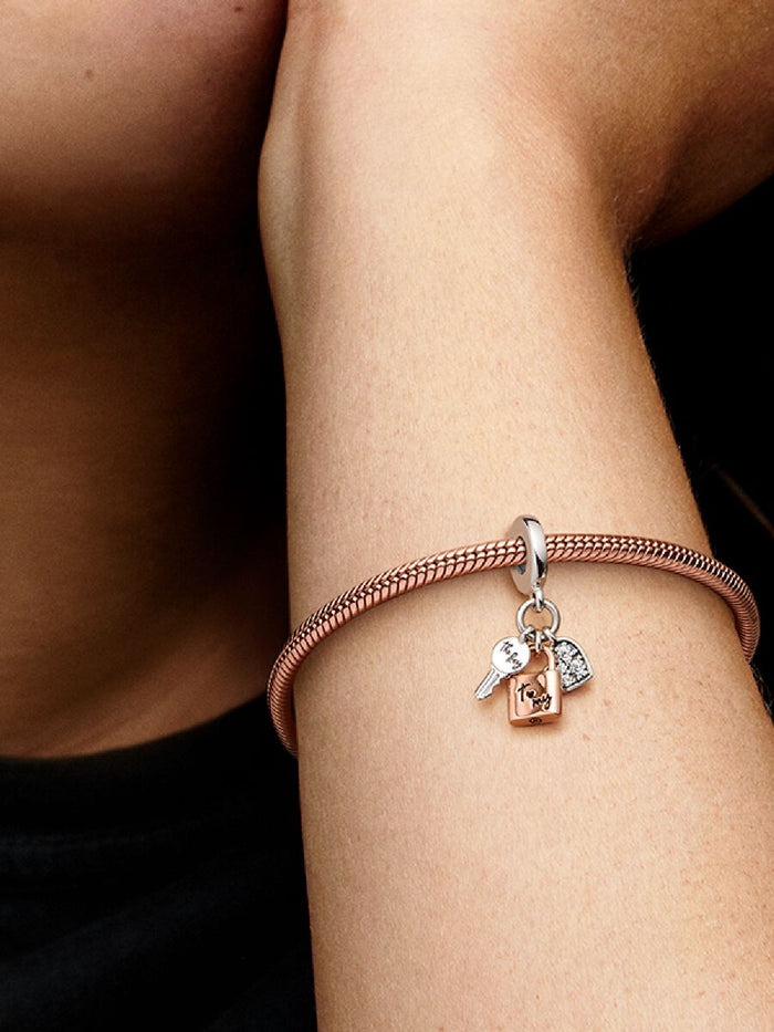 Two-tone Key, Padlock & Heart Triple Dangle Charm