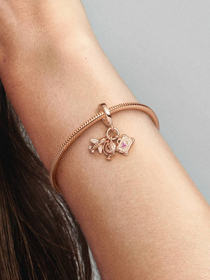 Airplane, Globe & Suitcase Dangle Charm - Rose Gold