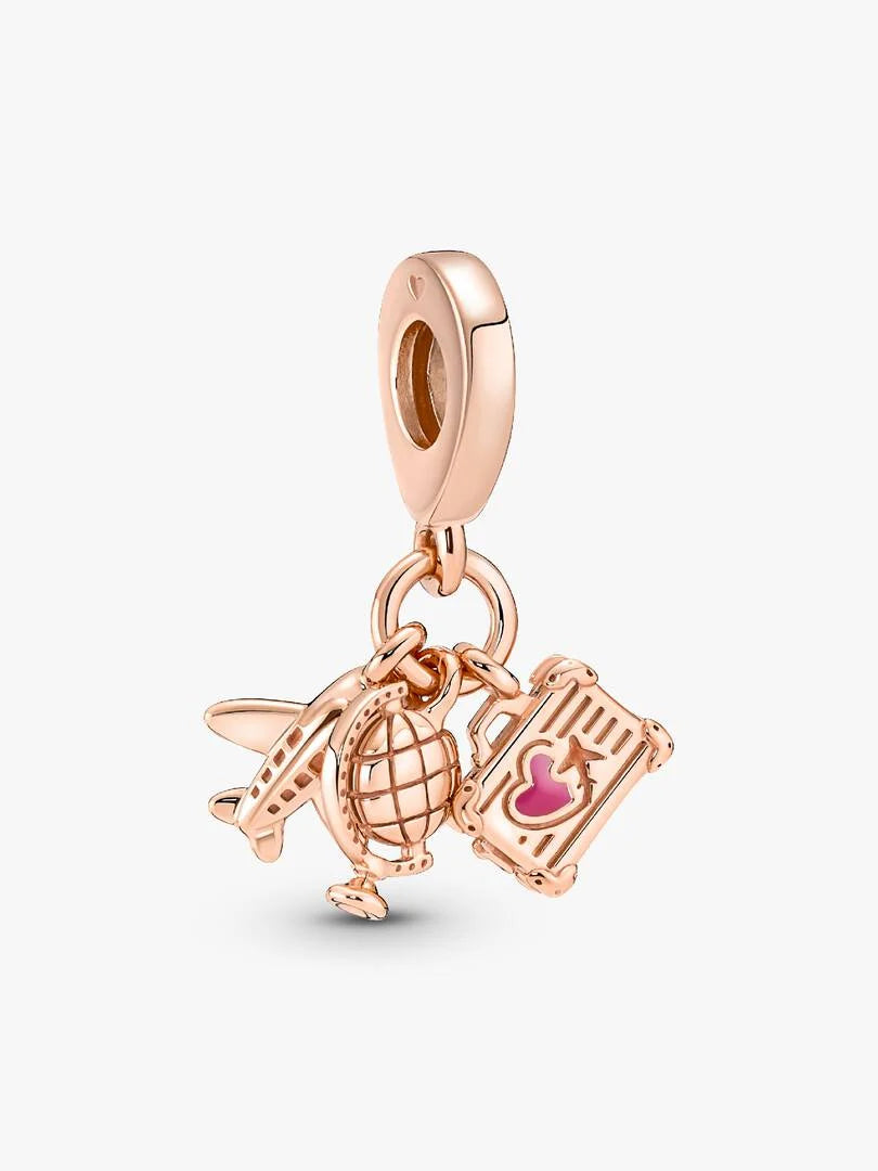 Airplane, Globe & Suitcase Dangle Charm - Rose Gold