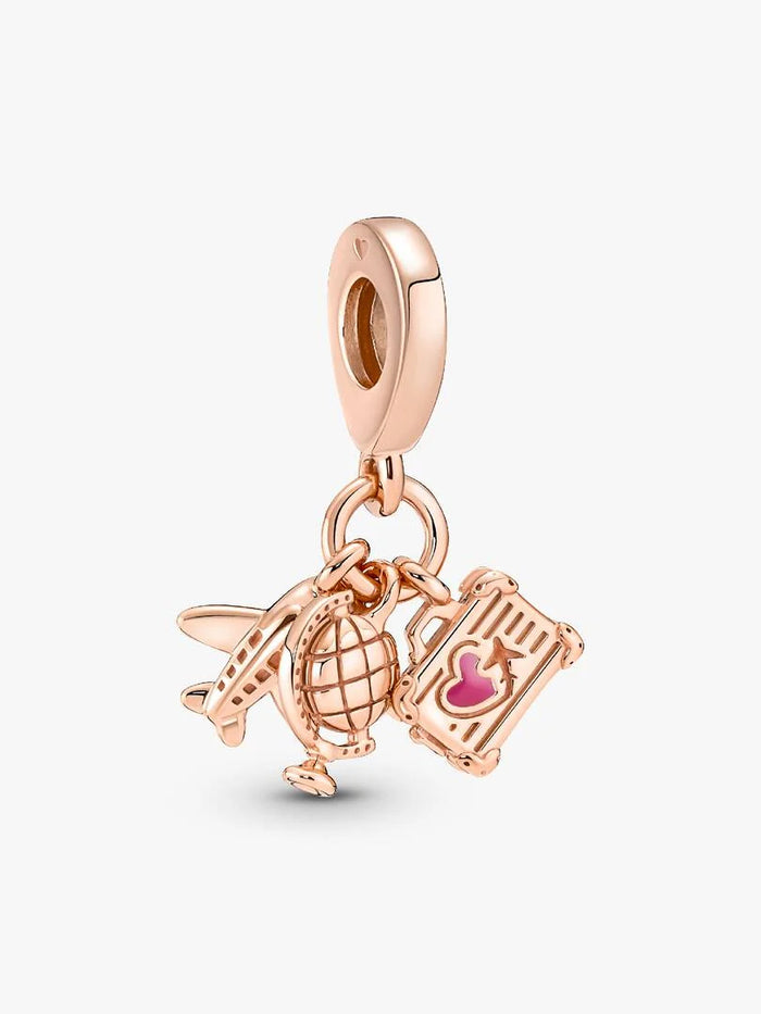 Airplane, Globe & Suitcase Dangle Charm - Rose Gold