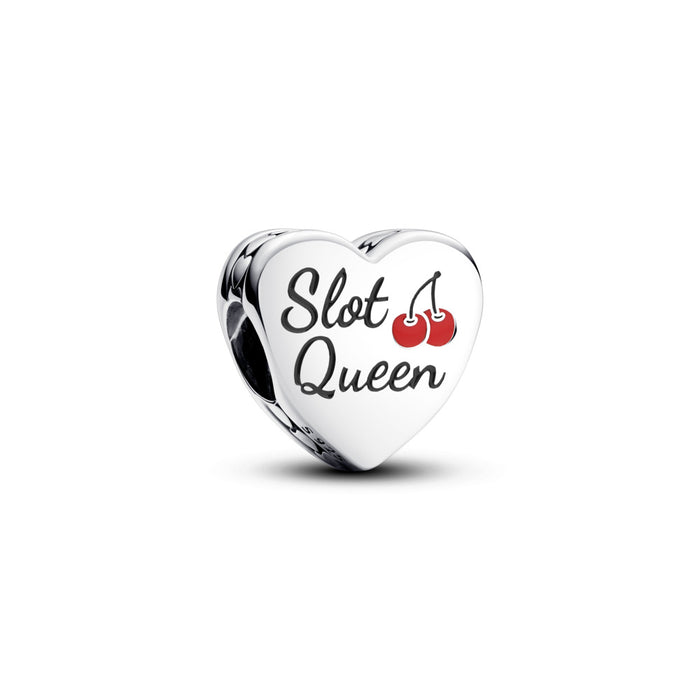 Slot Queen heart sterling silver charm with black, red and white enamel