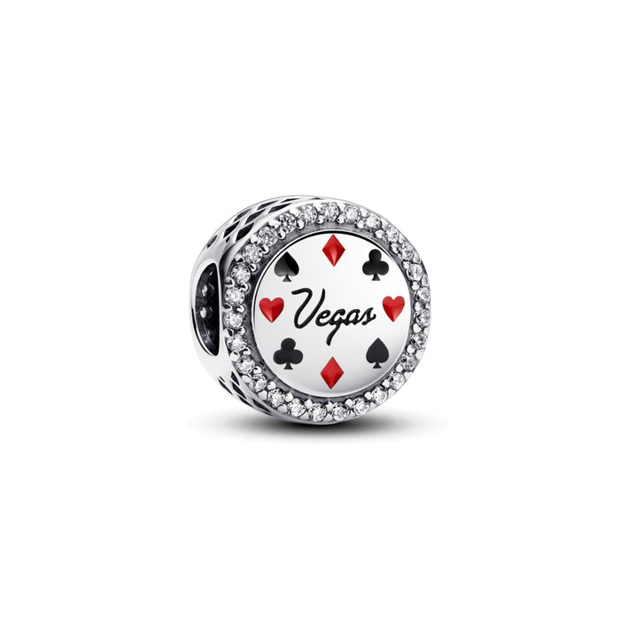 Vegas sterling silver charm with clear cubic zirconia, red and black enamel