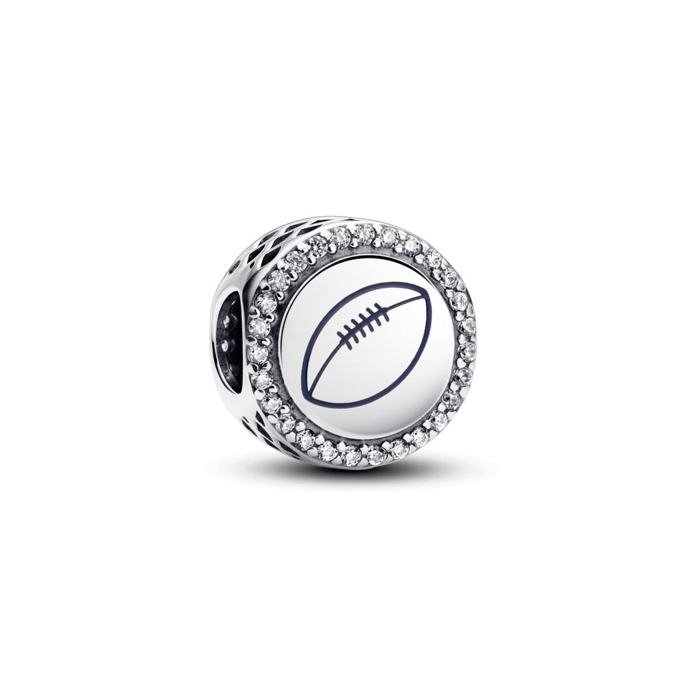Football sterling silver charm with clear cubic zirconia and blue enamel