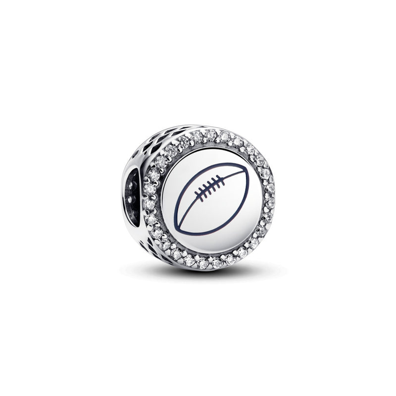 Football sterling silver charm with clear cubic zirconia and blue enamel