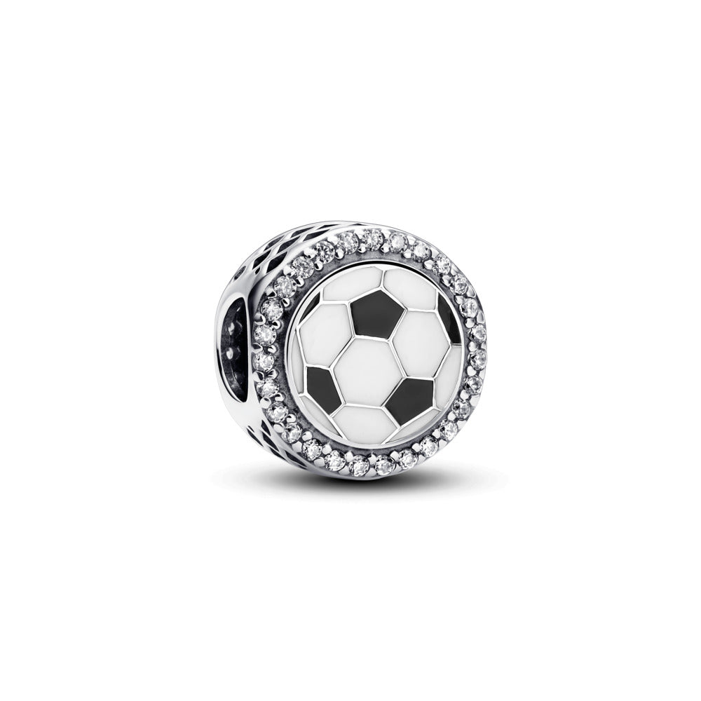 Soccer ball sterling silver charm with clear cubic zirconia, white and black enamel