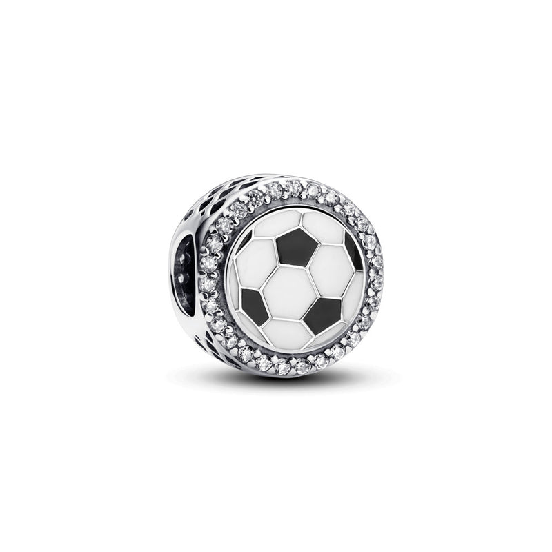 Soccer ball sterling silver charm with clear cubic zirconia, white and black enamel