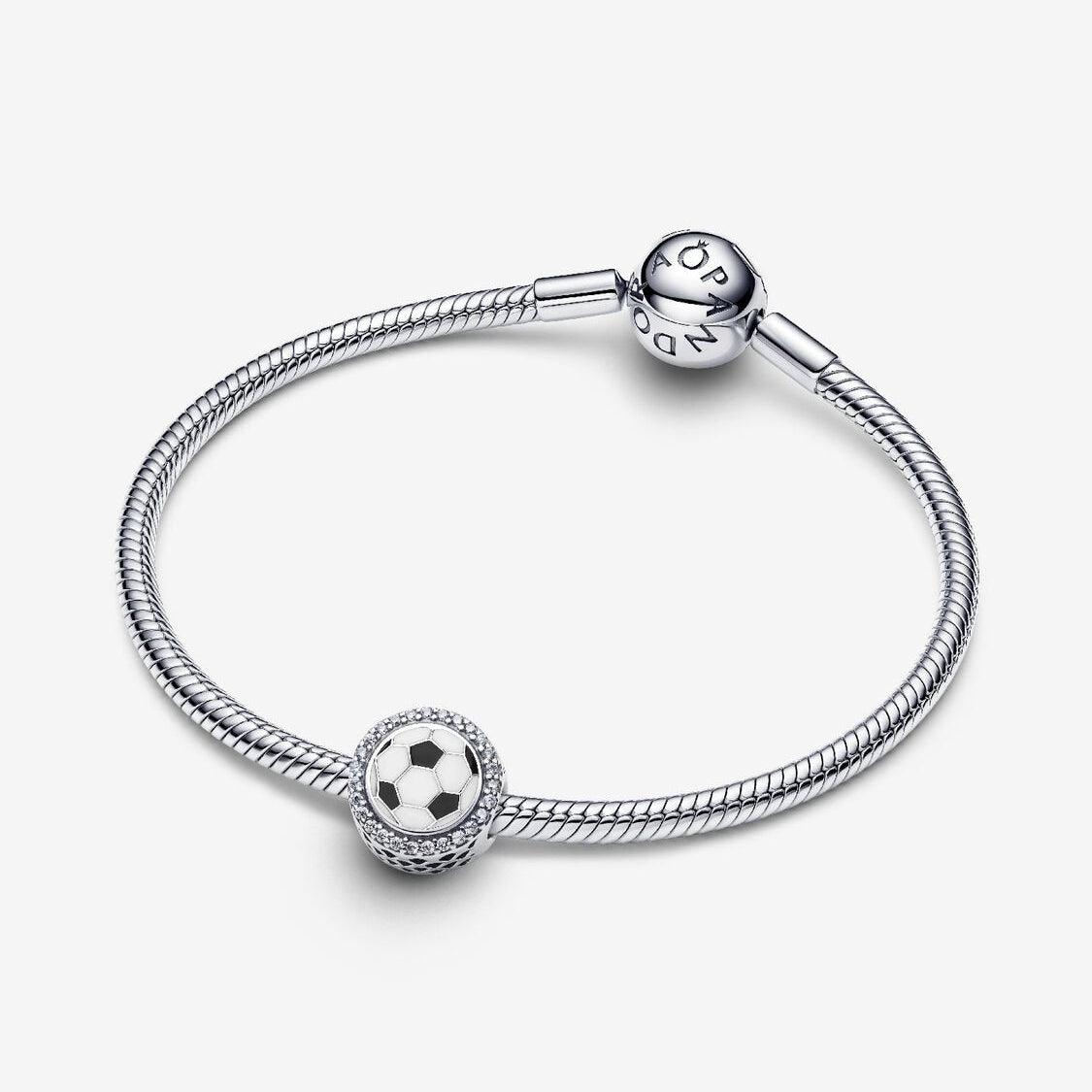 Soccer ball sterling silver charm with clear cubic zirconia, white and black enamel