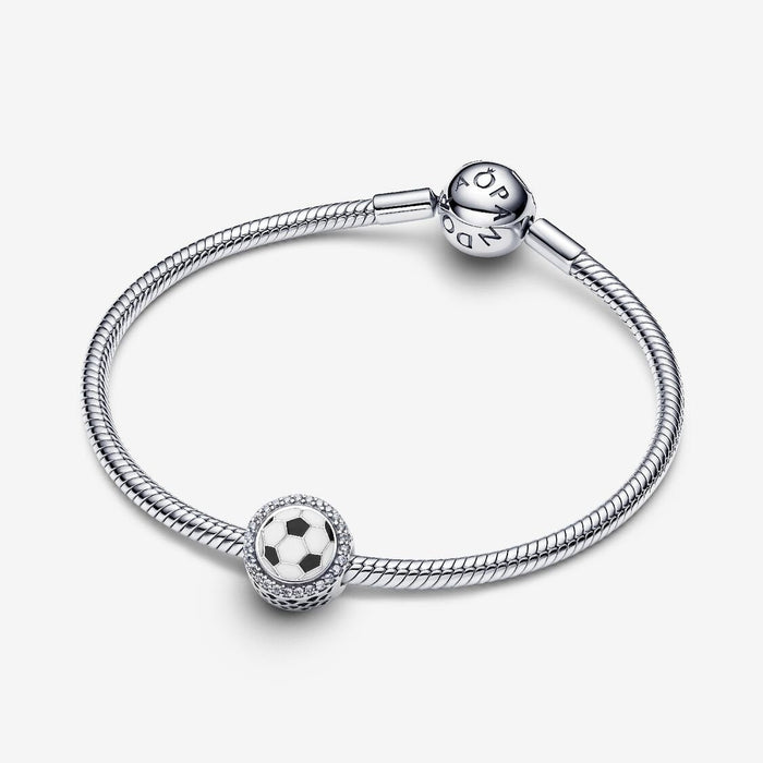 Soccer ball sterling silver charm with clear cubic zirconia, white and black enamel