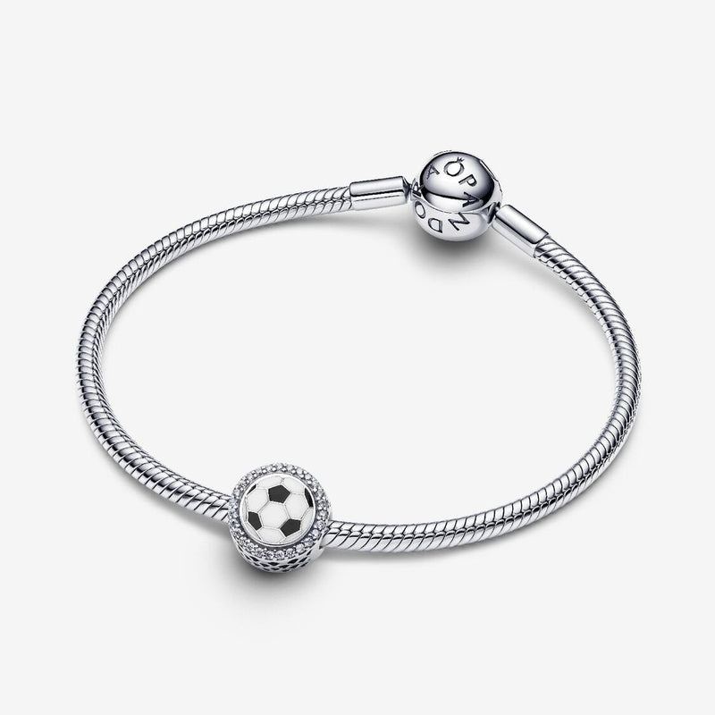 Soccer ball sterling silver charm with clear cubic zirconia, white and black enamel