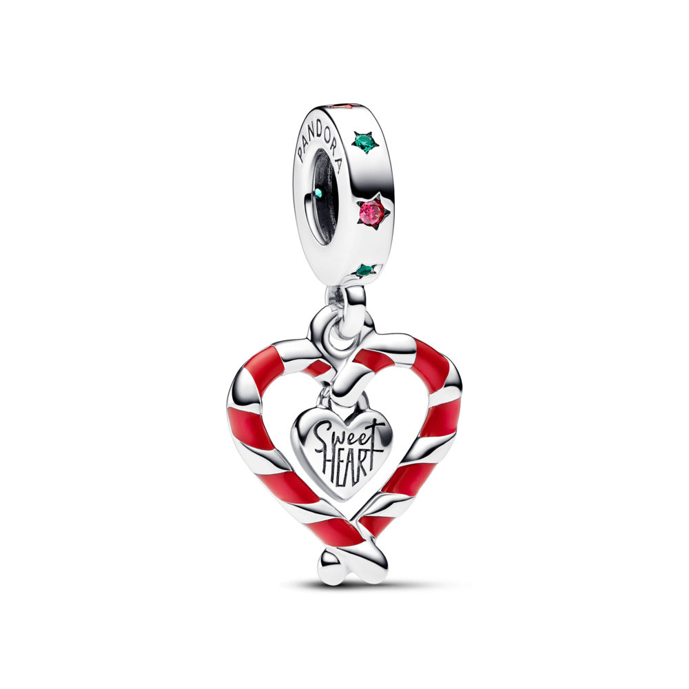 Double Candy Cane Heart Christmas Dangle Charm