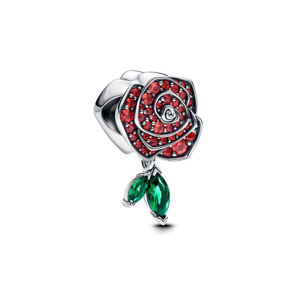 Rose sterling silver charm with salsa red crystal and royal green crystal