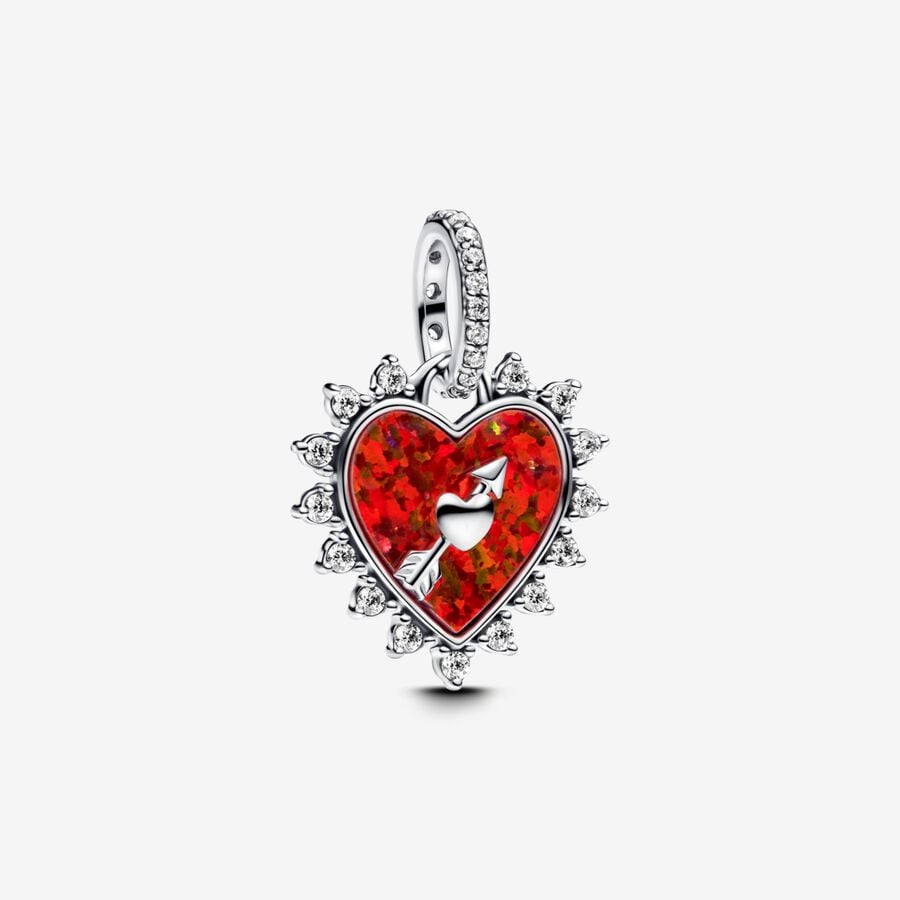 Spinnable arrow heart sterling silver dangle with red lab-created opal and clear cubic zirconia