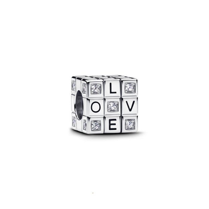 Toy cube sterling silver charm with clear cubic zirconia and red enamel