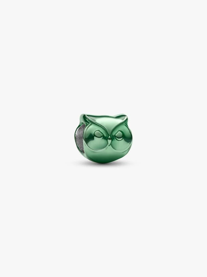 Owl sterling silver mini charm with green enamel