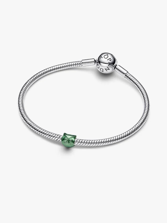 Owl sterling silver mini charm with green enamel