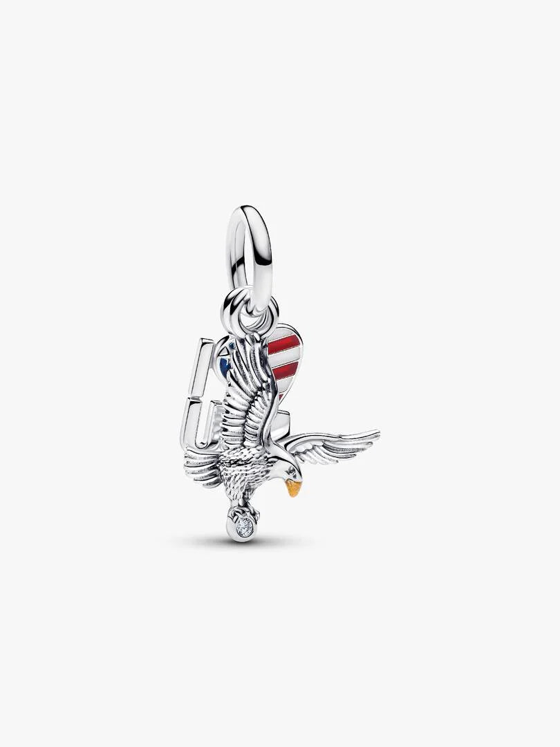American Eagle sterling silver double dangle with clear cubic zirconia, red, blue, white and golden enamel