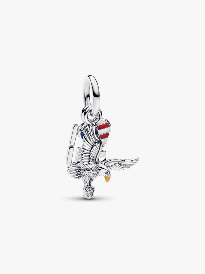 American Eagle sterling silver double dangle with clear cubic zirconia, red, blue, white and golden enamel