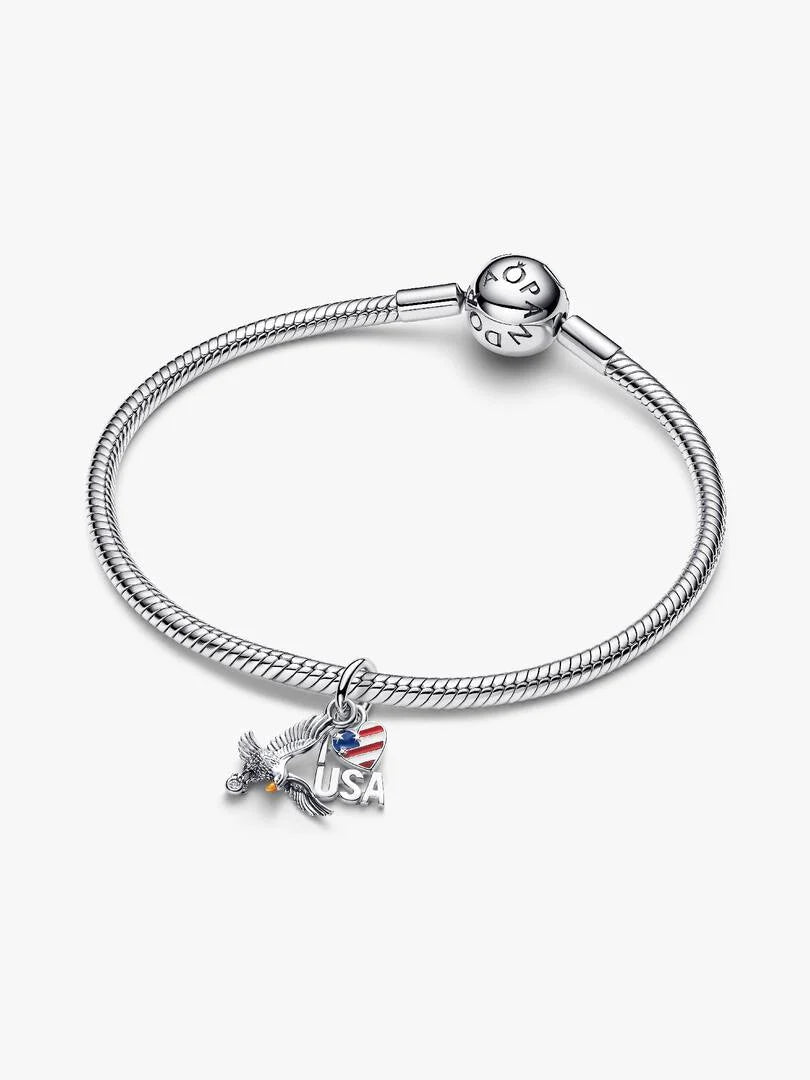 American Eagle sterling silver double dangle with clear cubic zirconia, red, blue, white and golden enamel