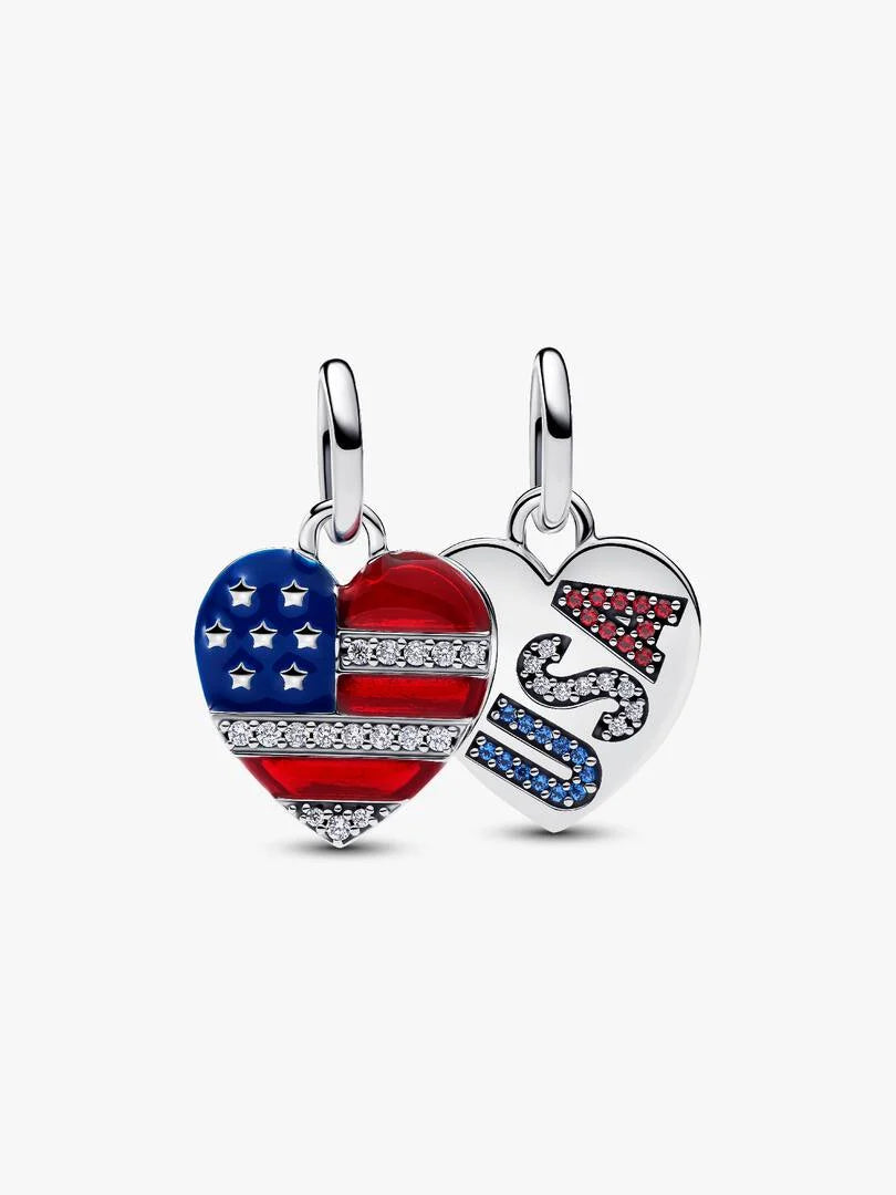 Engravable Usa flag sterling silver splittable dangle with clear cubic zirconia, red and blue crystal, red and blue enamel