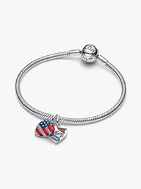 Engravable Usa flag sterling silver splittable dangle with clear cubic zirconia, red and blue crystal, red and blue enamel