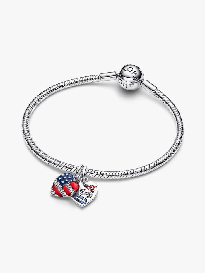 Engravable Usa flag sterling silver splittable dangle with clear cubic zirconia, red and blue crystal, red and blue enamel