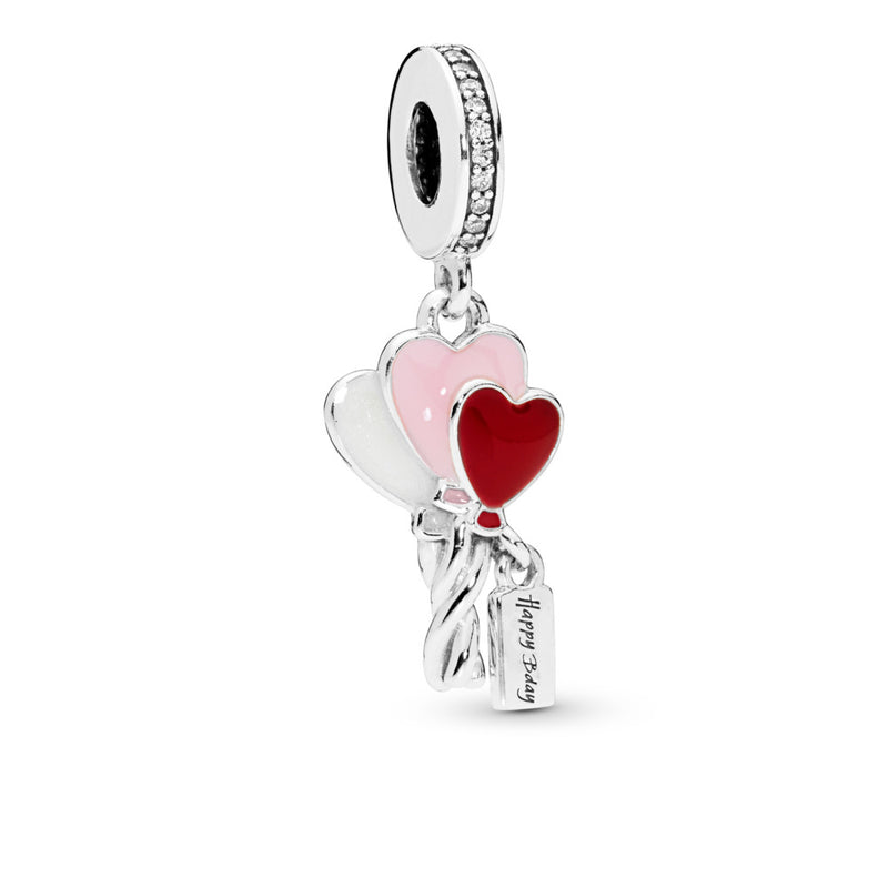 Balloons silver dangle with clear cubic zirconia, shimmering silver, pink and red enamel