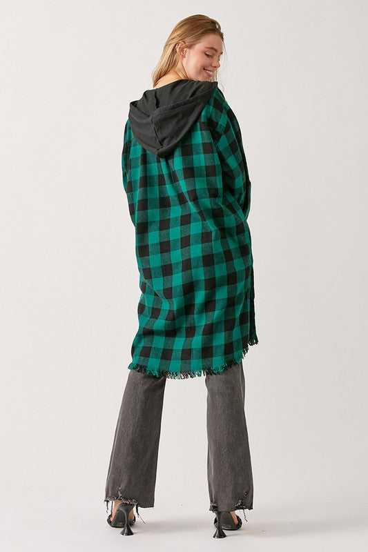 Acacia Plaid Hooded Longline Shacket - Green