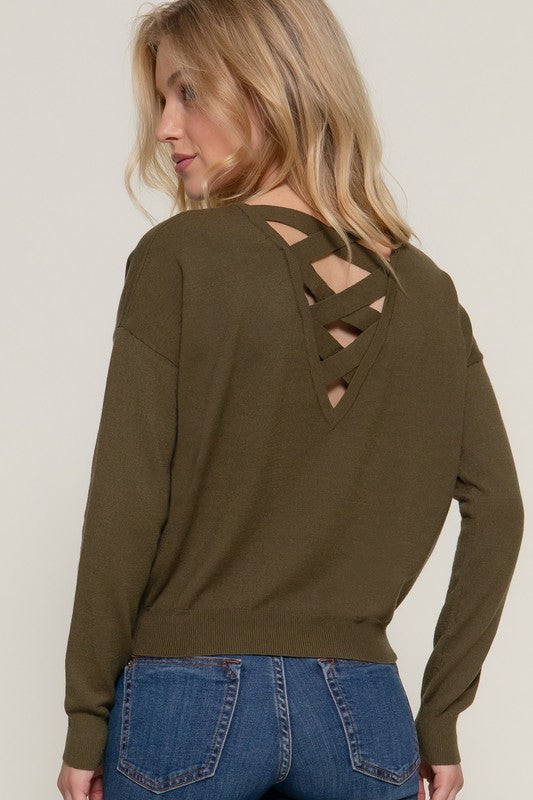 Amelia Cross-Back V-Neck Sweater - Olive