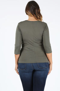 Asha Ruched 3/4 Sleeve Top - Olive