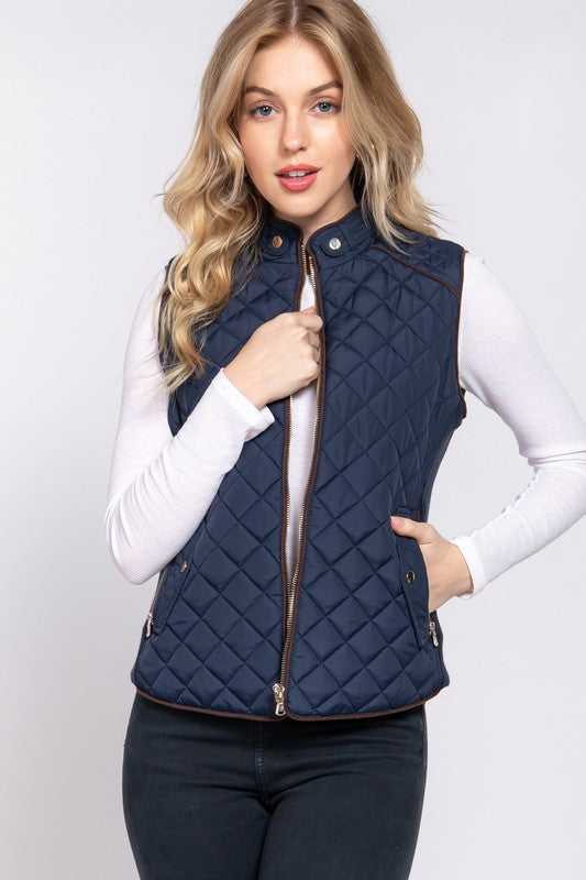 Ashlyn Suede Trim Quilted Vest - Navy