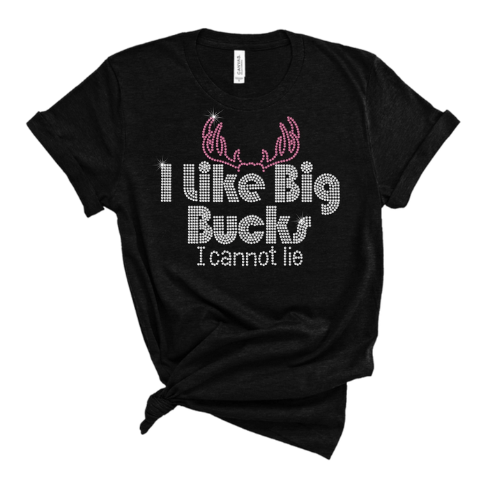 Black tee with "I like big bucks, I cannot lie" in rhinestones