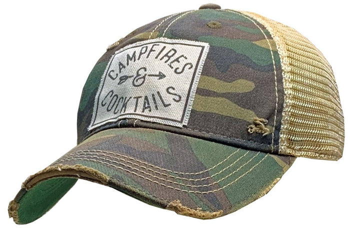 Campfires & Cocktails Distressed Camo Trucker Cap