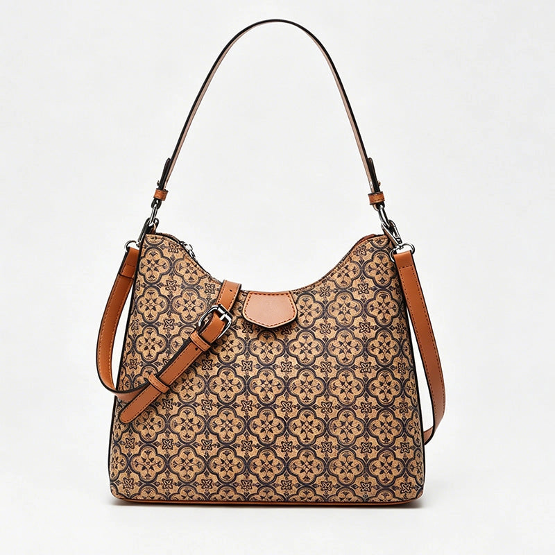 brown-tone vintage-style clover print handbag