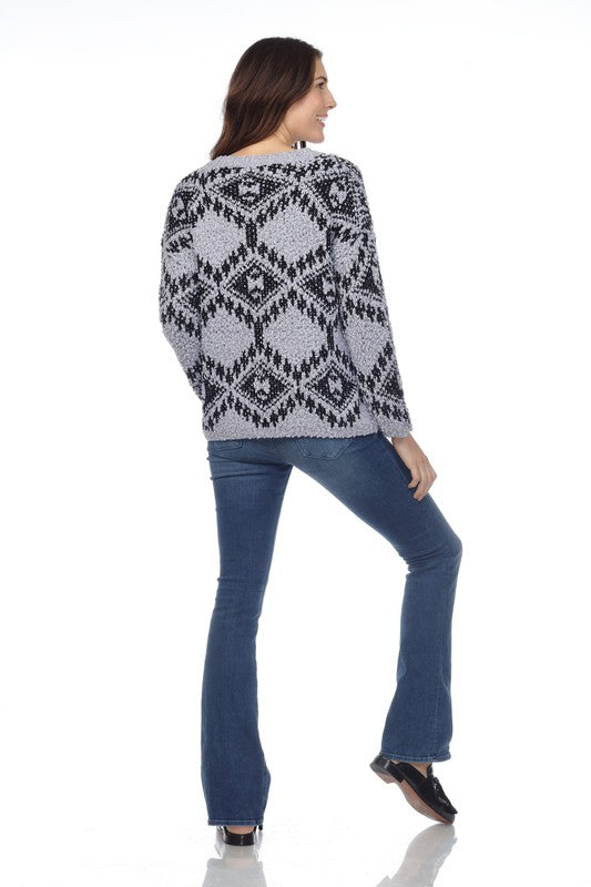 Candice Popcorn Knit Diamond Print Sweater - Gray/Black