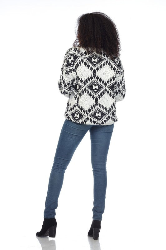 Candice Popcorn Knit Diamond Print Sweater - White/Black