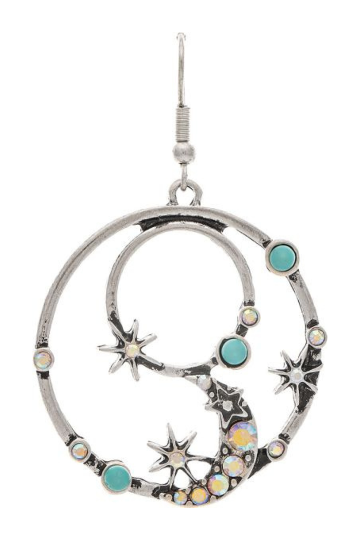 hoop earrings with moon and stars and crystals