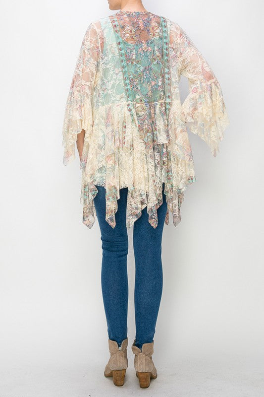 Charlene Lace Kimono - Beige/Turquoise