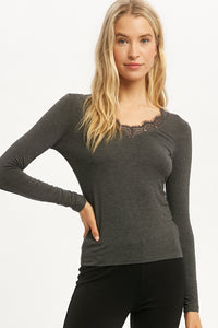 Daphne Lace Trim V-Neck Top - Charcoal