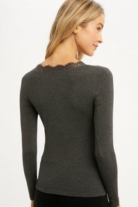 Daphne Lace Trim V-Neck Top - Charcoal