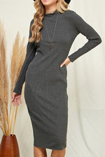 Daria Mock Neck Ribbed Midi Dress - Charcoal