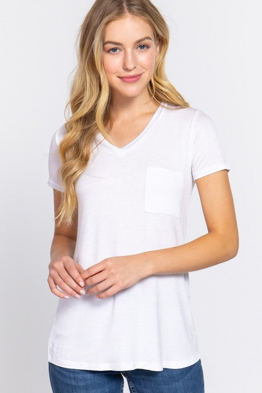 Debby V-Neck Pocket Tee - White
