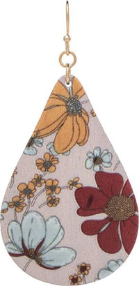 Floral Print Wooden Teardrop Earrings