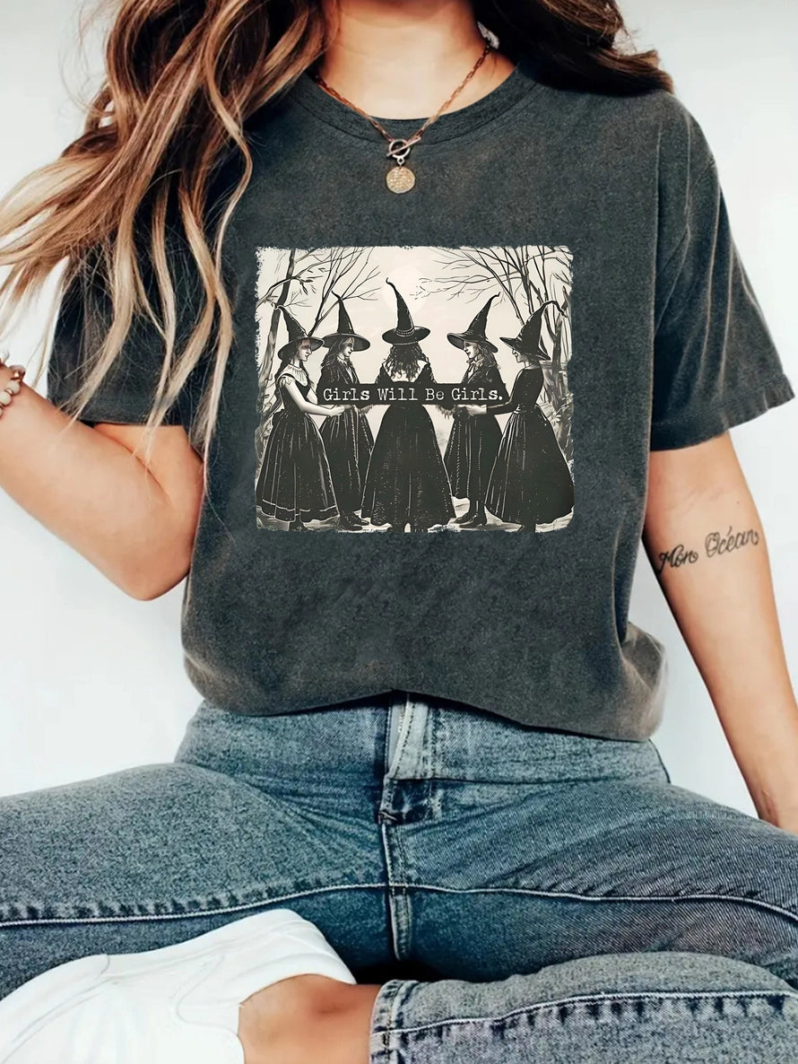 Heathered gray tee with a graphic of witches holding hands in a circle