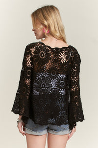 Gemma Bell Sleeve Crochet Top - Black