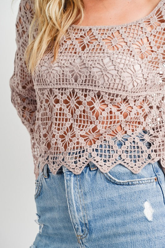 Harriet Crochet Bell Sleeve Sheer Sweater