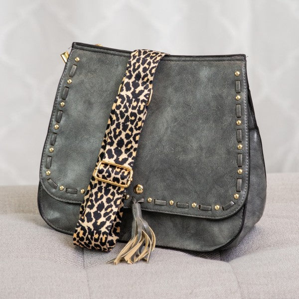 Hattie Studded Saddle Bag w/ Leopard Print Strap