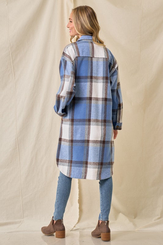 Hayley Brushed Plaid Longline Shacket - Blue