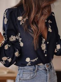 dark blue long sleeve button down top with ivory lace flowers
