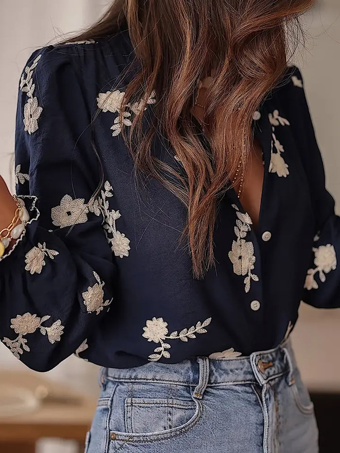 dark blue long sleeve button down top with ivory lace flowers