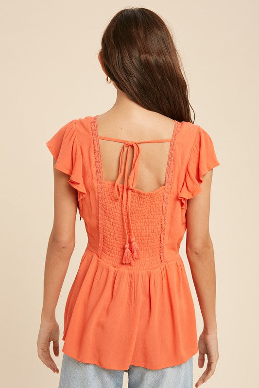 Holly Flutter Sleeve Tie-Back Top - Coral